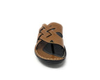 Brown leather open-toe sandal for men with stitched detailing on white background