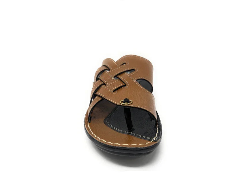 Brown leather open-toe sandal for men with stitched detailing on white background