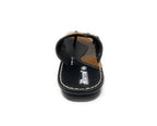 Black and brown leather sandal with white stitching, front view, stylish footwear