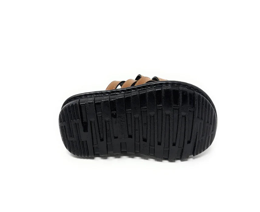 Black non-slip sandal sole with brown strappy upper, durable casual footwear