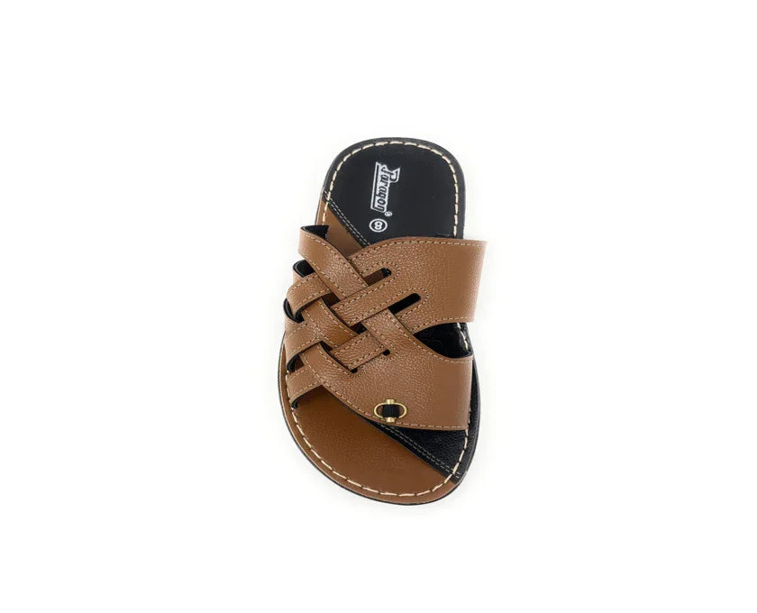 Brown woven slip-on sandal with open toe and stitched black sole on white background