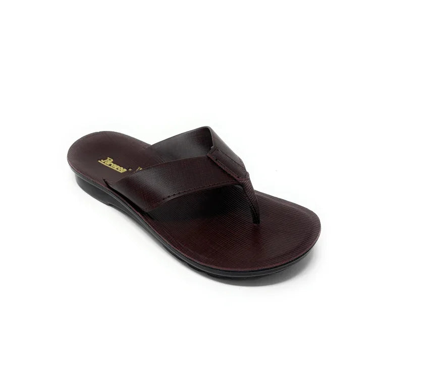 Men's brown leather thong sandal with cushioned sole on white background