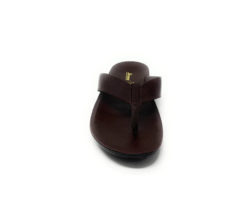 Brown men's thong sandal with wide strap, displayed on a white background