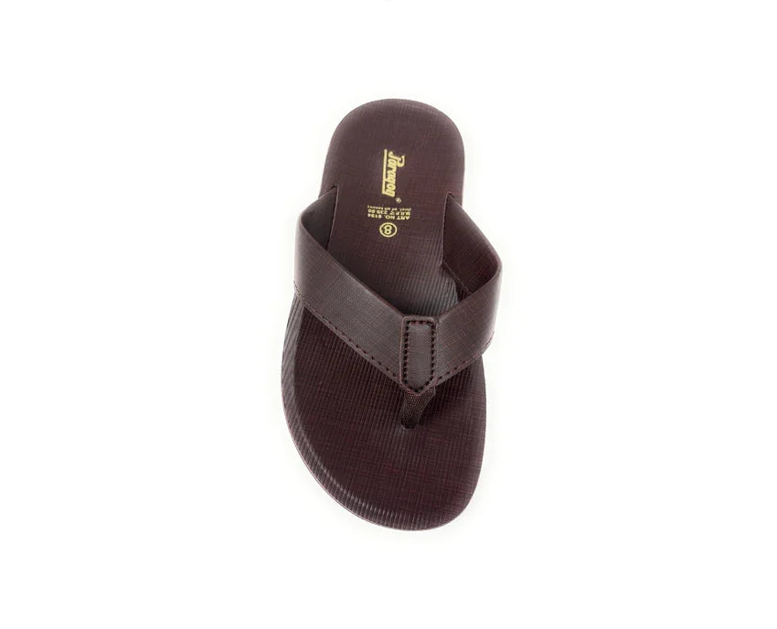 Men's brown flip flop sandal with wide strap and textured footbed on white background