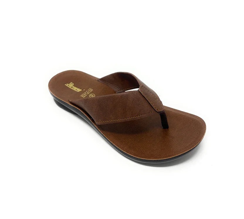 Men's brown leather flip flop sandal with black sole on white background