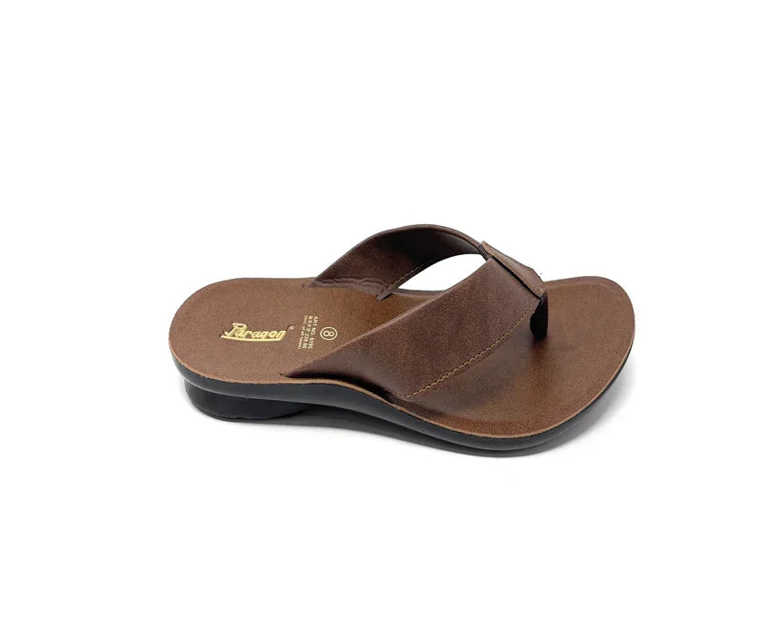 Brown men's flip flop sandal with wide strap and cushioned sole on white background