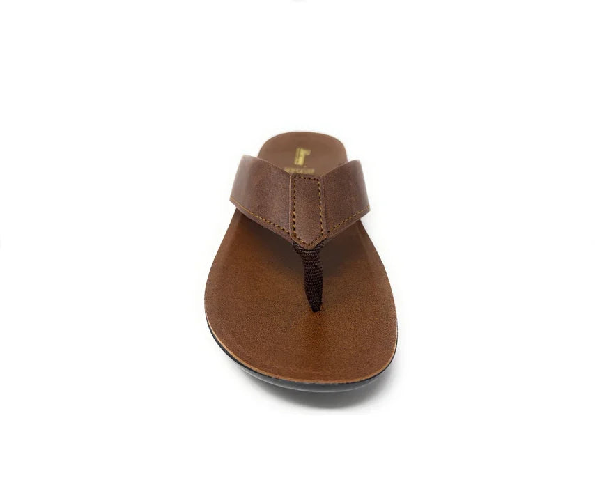 Brown leather thong sandal for men, comfortable slip-on footwear on white background