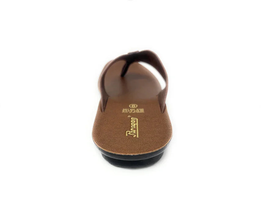 Brown men's slip-on sandal with black sole, toe ring design, top view on white background