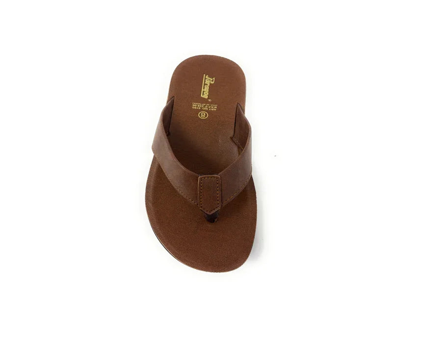 Men's brown leather flip flop sandal with a wide strap, casual summer footwear