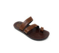 Brown leather men's sandal with two straps and toe loop on a white background