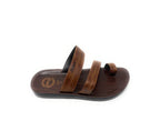 Brown leather slip-on sandal with three straps and open toe design on a white background.