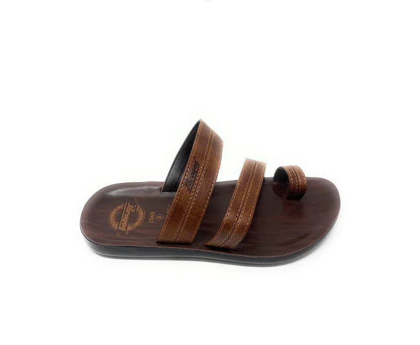Brown leather slip-on sandal with three straps and open toe design on a white background.