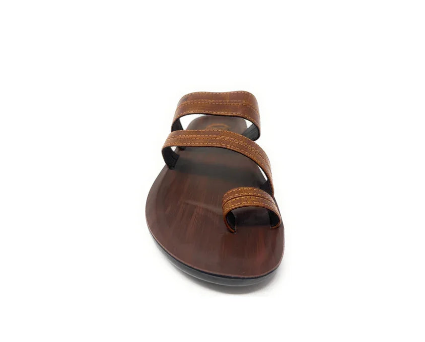Brown leather flat sandal with triple straps, front view on white background