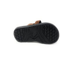 Brown sandal with black textured non-slip sole, hexagonal grip pattern, footwear for men