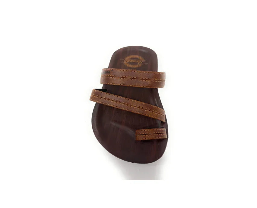 Brown slip-on sandal with three leather straps and wooden sole on white background
