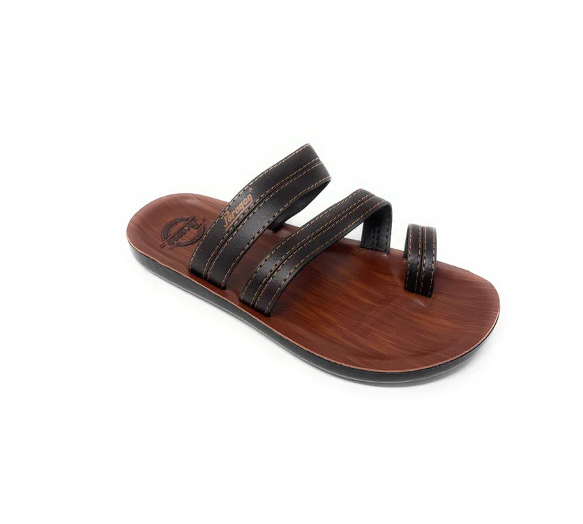 Brown and black slip-on sandal with three stitched straps, casual men's footwear