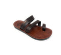 Brown and black slip-on sandal with three stitched straps, casual men's footwear