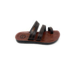 Men's brown sandal with black adjustable straps and cushioned sole, side view