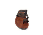 Brown wooden-look sandal with black stitched straps, stylish open-toe flat footwear