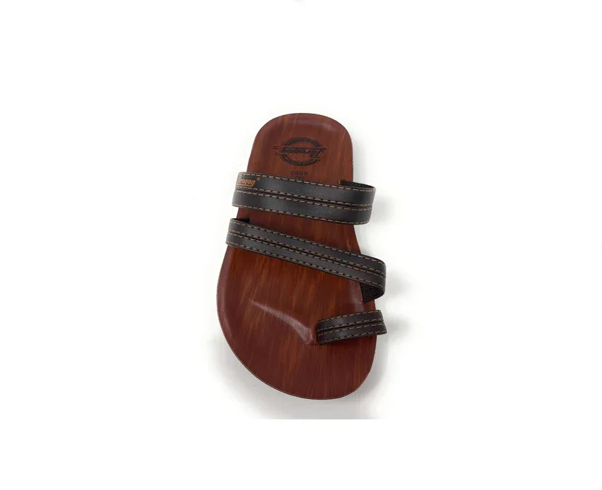 Brown sandal with black straps and stitching on a wooden-look sole, casual footwear.