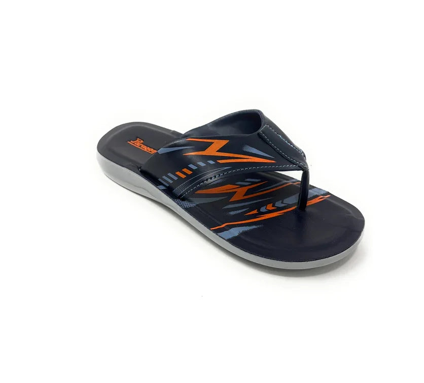 Men's navy blue and orange flip flop sandal with graphic design on a white background