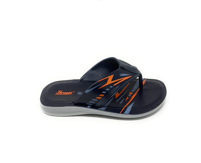 Men's navy blue flip-flop sandal with orange and gray geometric pattern, side view
