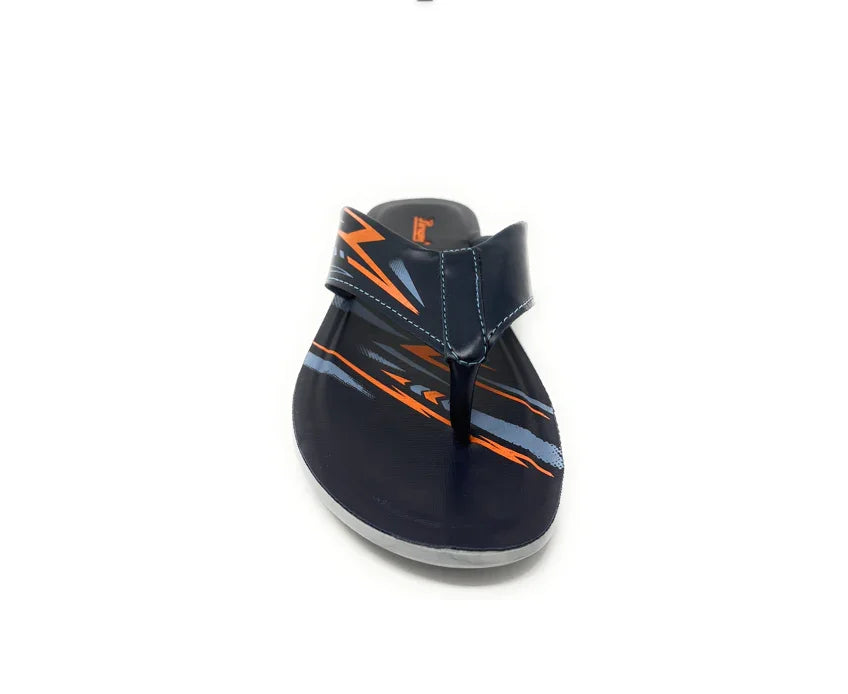 Men's navy blue and orange flip-flop sandal with graphic design on white background