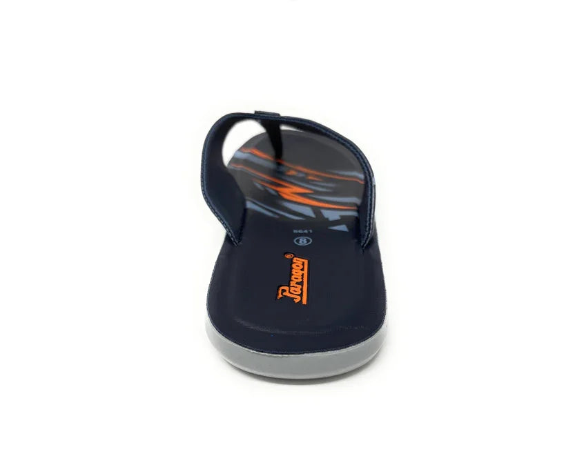 Men's blue flip flop sandal with orange logo and gray sole, stylish casual footwear