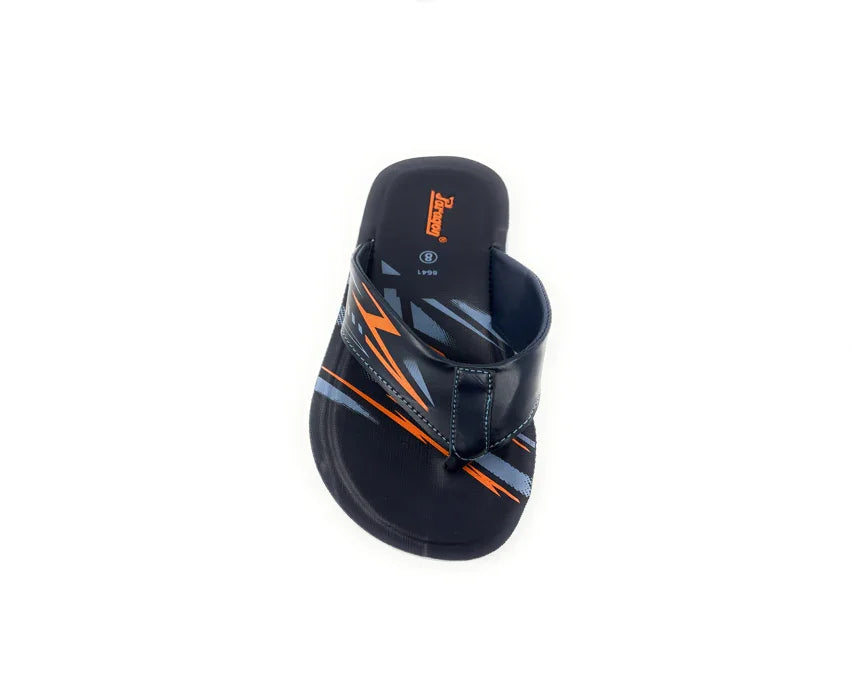Black and orange men's flip flop sandal with striped geometric design on white background