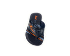 Black and orange men's flip flop sandal with striped geometric design on white background