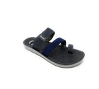 Men's black and navy open-toe sandal with three adjustable fabric straps on white background