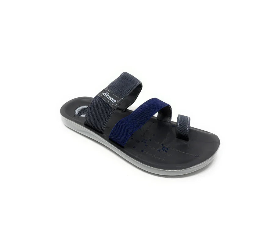 Men's black and navy open-toe sandal with three adjustable fabric straps on white background
