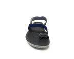 Black and navy blue open-toe sandal with adjustable straps, front view on white background