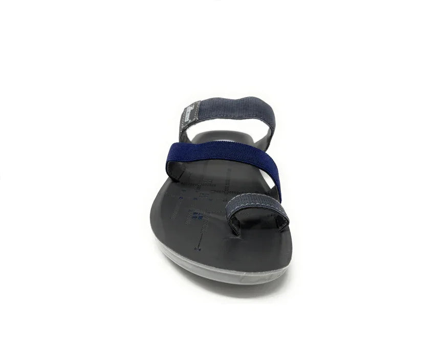 Black and navy blue open-toe sandal with adjustable straps, front view on white background