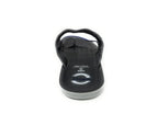 Black flip-flop sandal with cushioned sole and blue trim, front view on white background