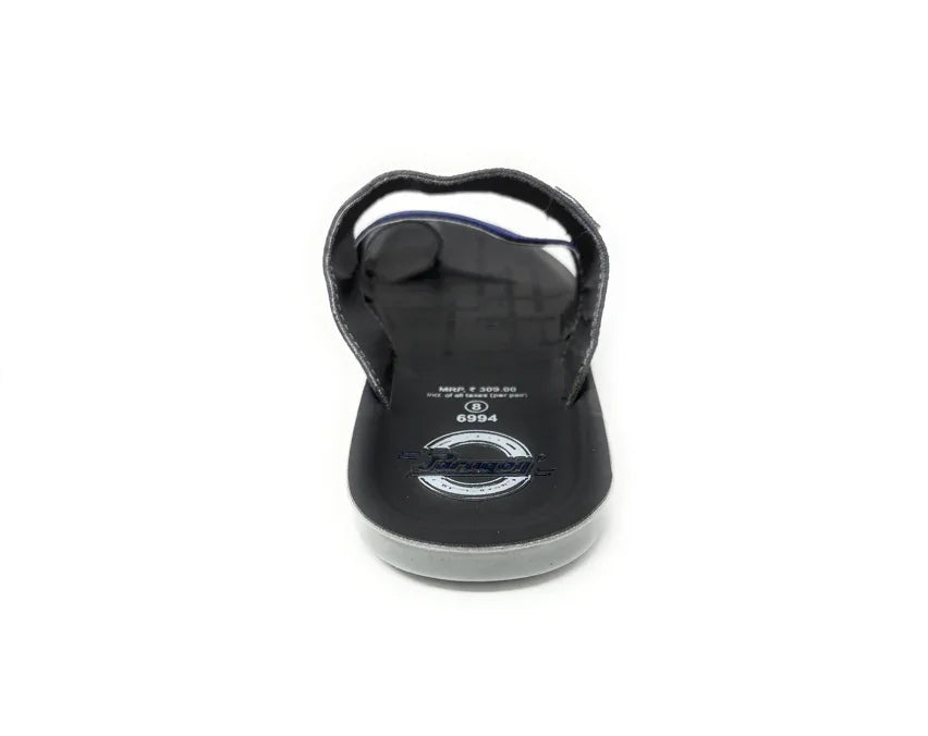 Black flip-flop sandal with cushioned sole and blue trim, front view on white background