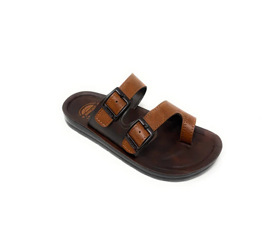 Brown two-strap sandal with black buckles, slip-on casual footwear on white background