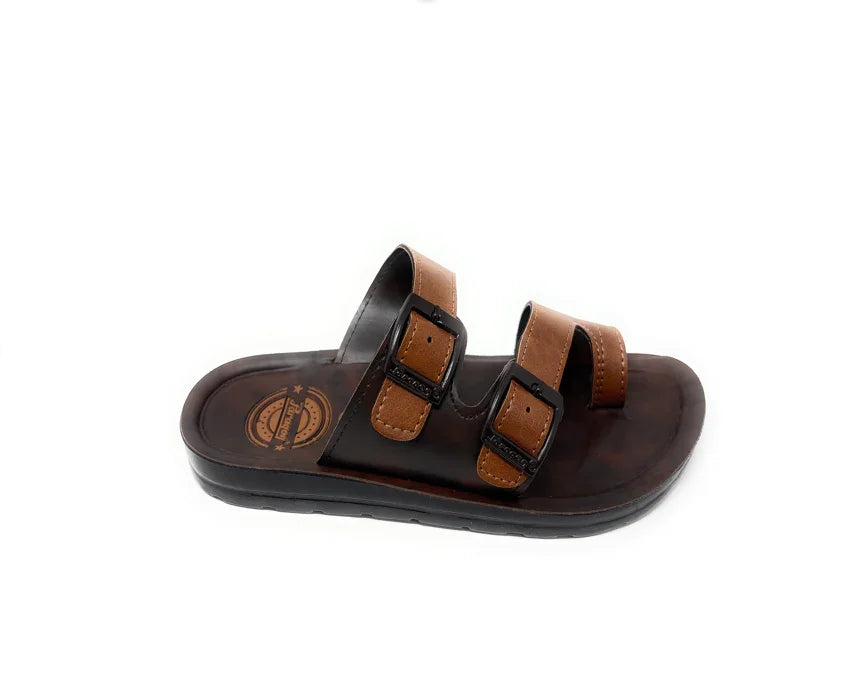 Brown and black slip-on sandal with double adjustable buckle straps on white background