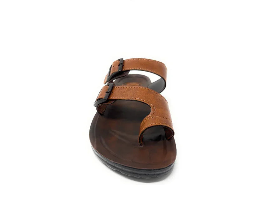 Brown leather sandal with double buckle straps and black sole, front view on white background