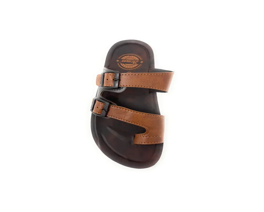 Brown two-strap slide sandal with buckles, men's summer footwear on white background