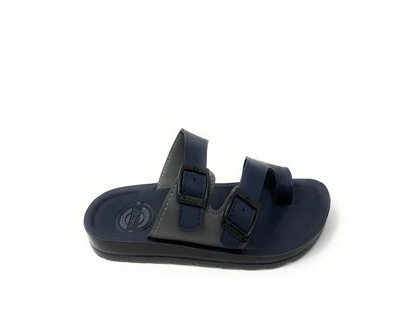 Navy blue slip-on sandal with two adjustable buckle straps, casual footwear
