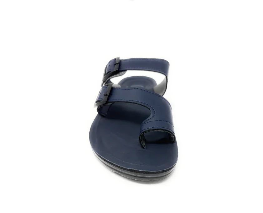 Navy blue slip-on sandal with double buckle straps on white background
