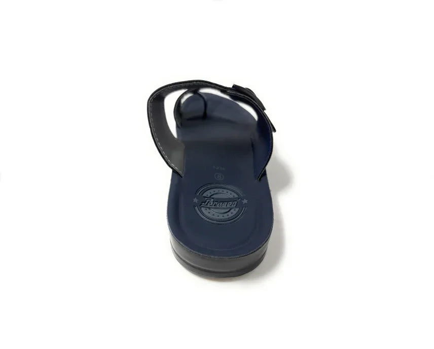 Navy blue open-toe sandal with ankle strap and cushioned sole, photographed from the back