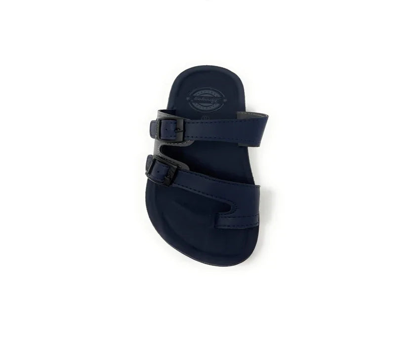 Navy blue slide sandal with two adjustable buckle straps, flat sole on white background