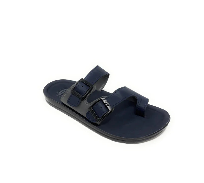 Navy blue two strap slide sandal with black buckles on white background