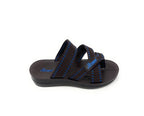 Men's black and blue slip-on sandal with double woven straps on white background