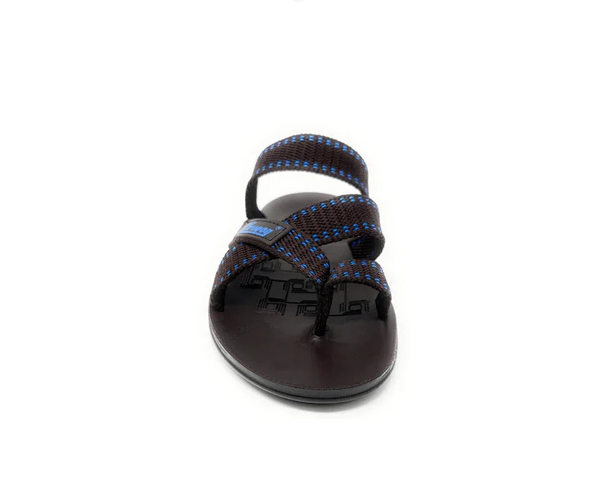 Black and blue strappy sandal for men with cushioned sole, front view on white background