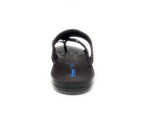 Black and blue thong sandal with woven straps, rear view, casual footwear on white background
