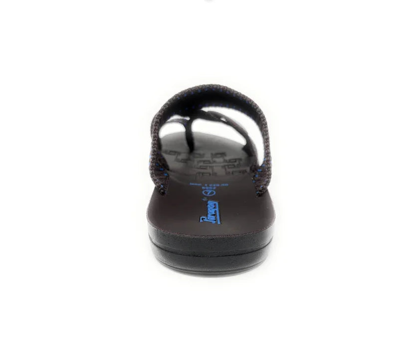 Black and blue thong sandal with woven straps, rear view, casual footwear on white background