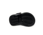 Black rubber sandal sole with textured non-slip grip pattern on white background